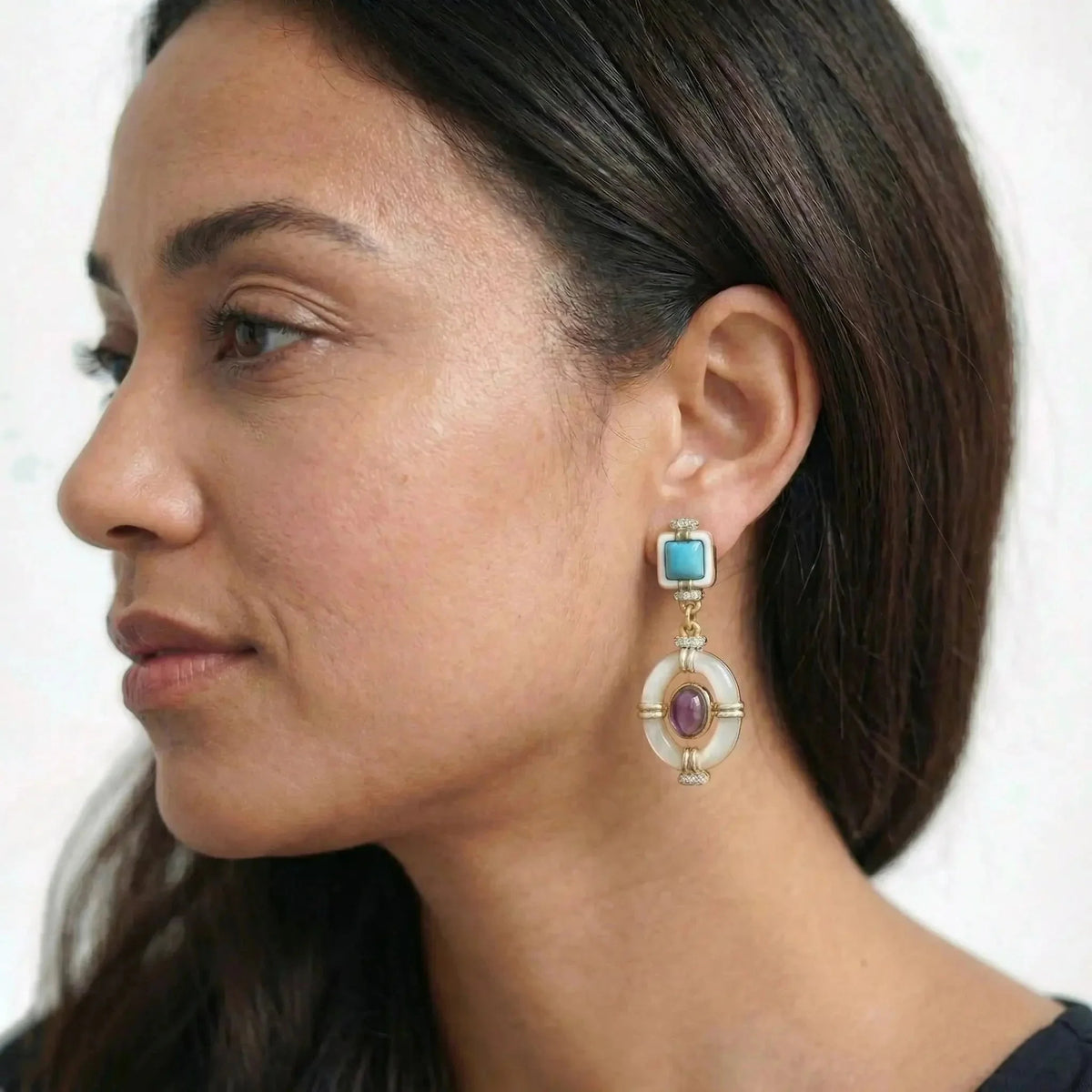 Enamel Frame Drop Earrings with Crystal-Style Accents in Gold-Tone