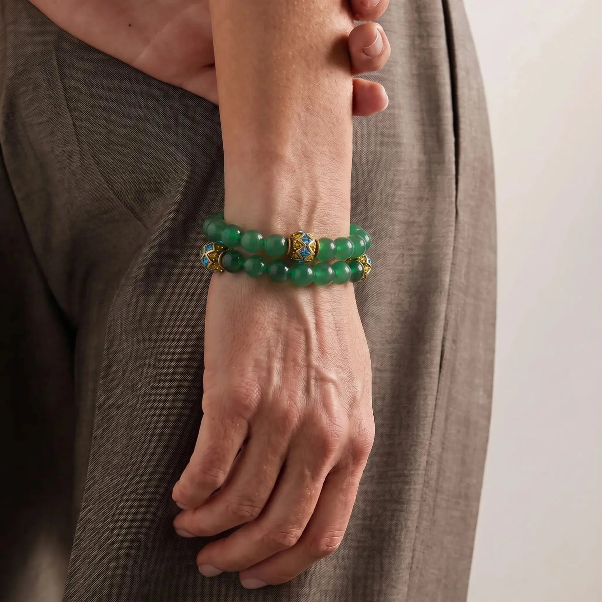 Green Beaded Double-Strand Statement Bracelet in Gold-Tone