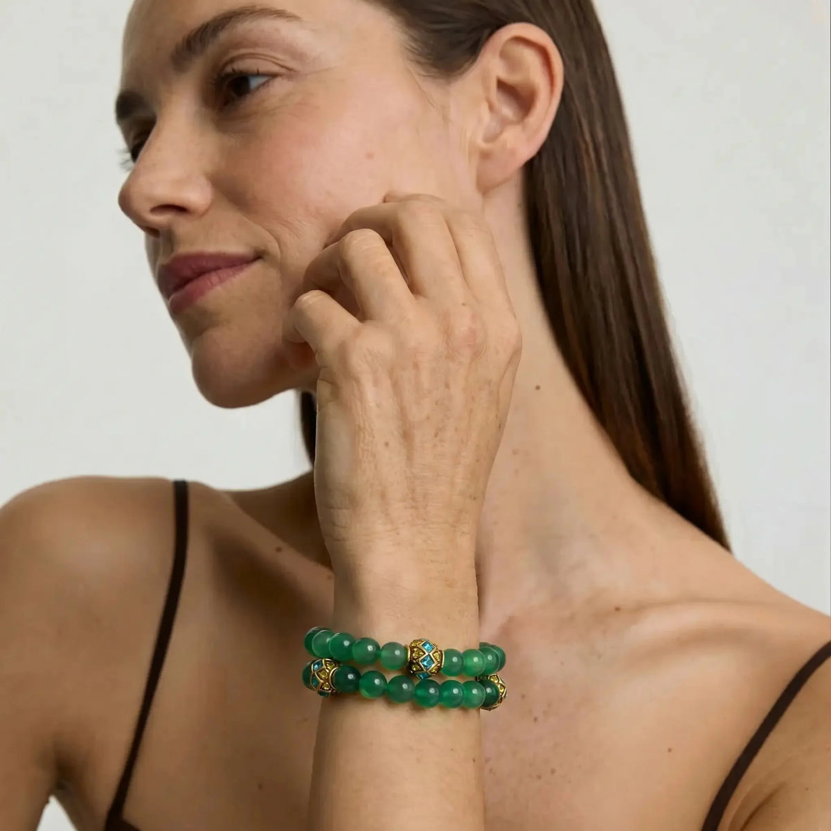 Green Beaded Double-Strand Statement Bracelet in Gold-Tone