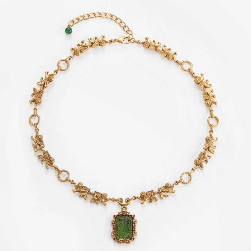 Lion Charm Necklace with Green Crystal-Style Pendant in Gold-Tone