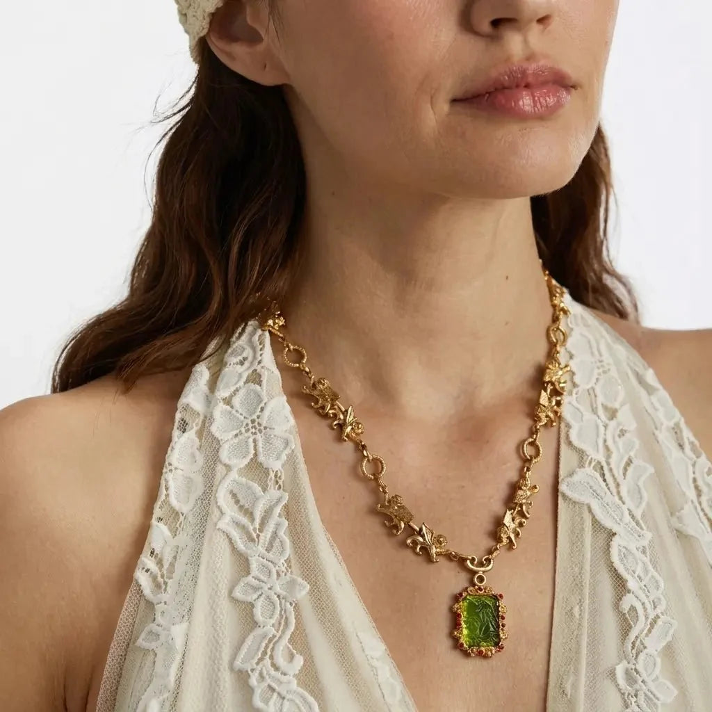 Lion Charm Necklace with Green Crystal-Style Pendant in Gold-Tone