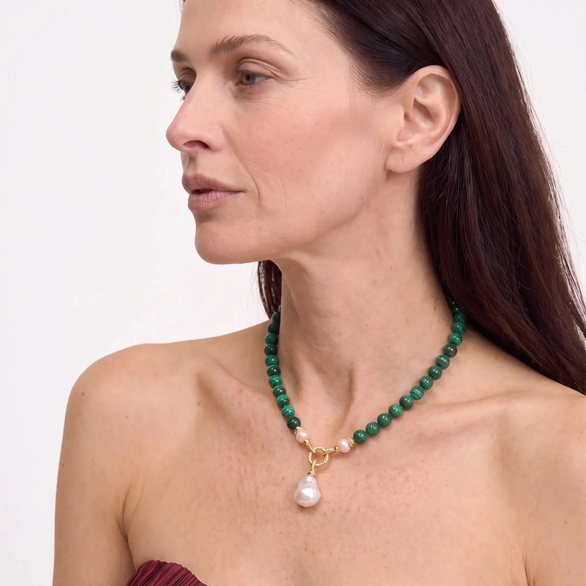 Gold-Tone Malachite-Style Pearl-Style Pendant Necklace