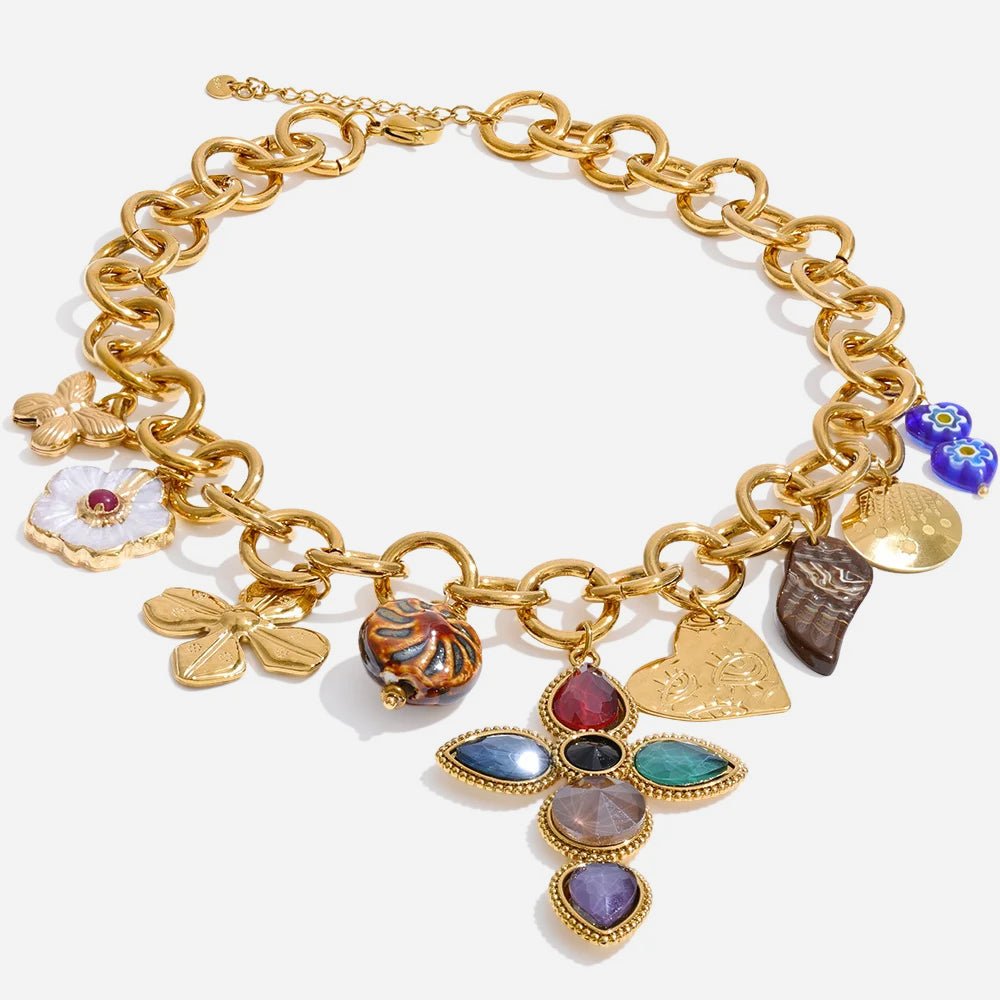 Multicolor Crystal-Style Charm Talisman Statement Necklace in Gold-Tone