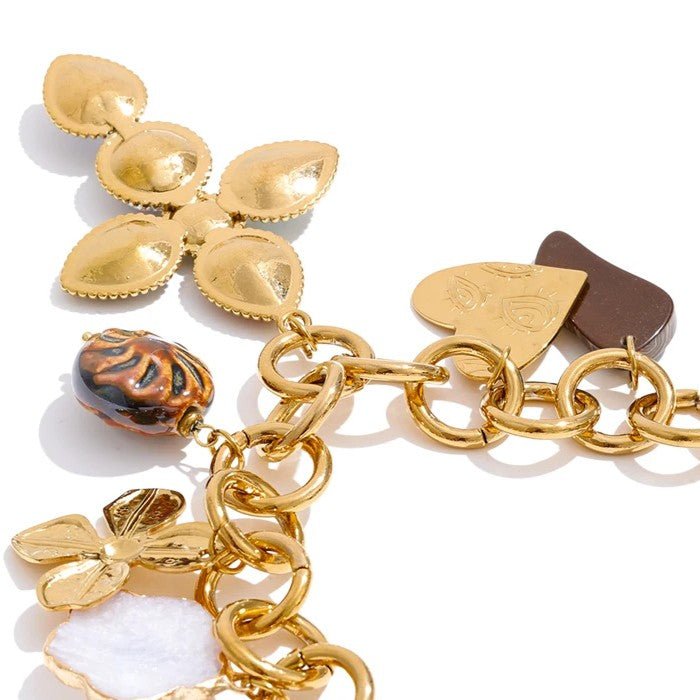 Multicolor Crystal-Style Charm Talisman Statement Necklace in Gold-Tone