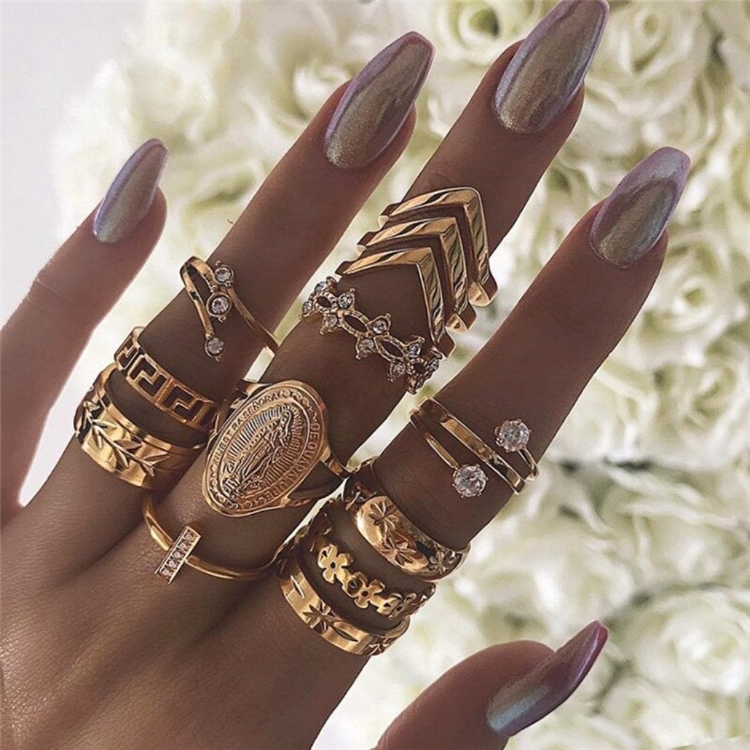 Gold-Tone Opal-Style & Crystal-Style Stackable Ring Set (8–12 Pieces)