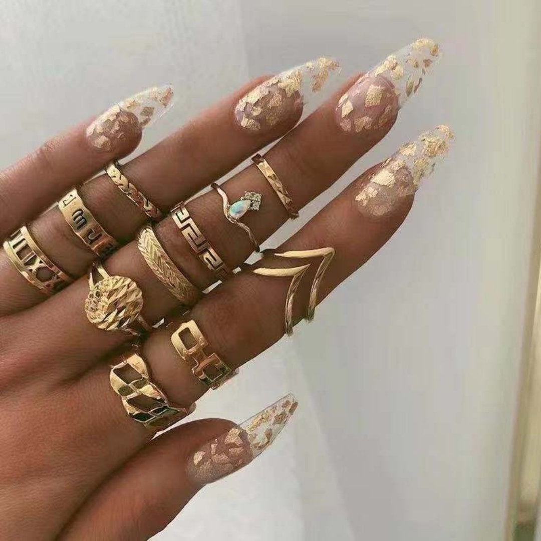 Gold-Tone Opal-Style & Crystal-Style Stackable Ring Set (8–12 Pieces)