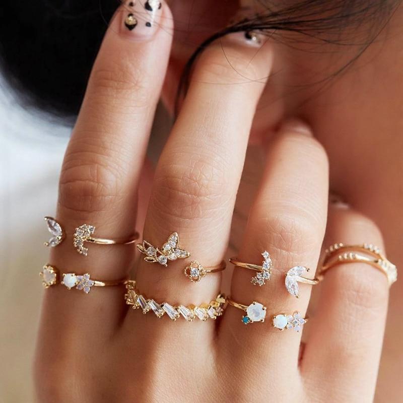 Gold-Tone Opal-Style & Crystal-Style Stackable Ring Set (8–12 Pieces)