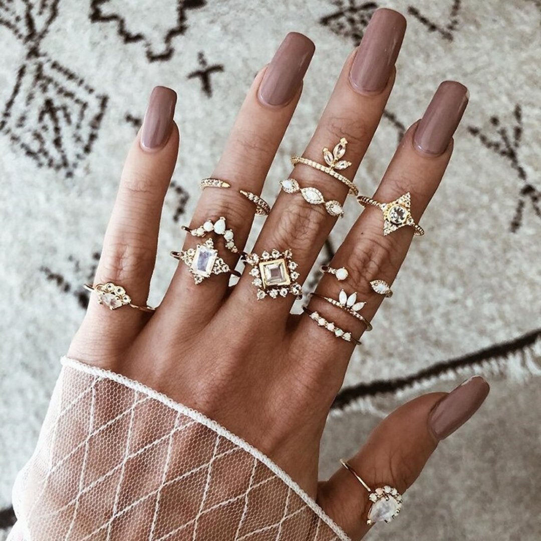 Gold-Tone Opal-Style & Crystal-Style Stackable Ring Set (8–12 Pieces)