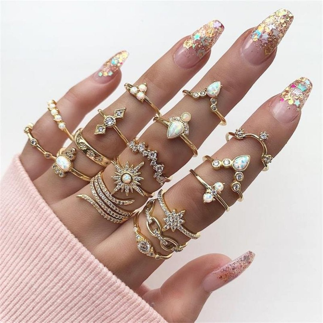 Gold-Tone Opal-Style & Crystal-Style Stackable Ring Set (8–12 Pieces)