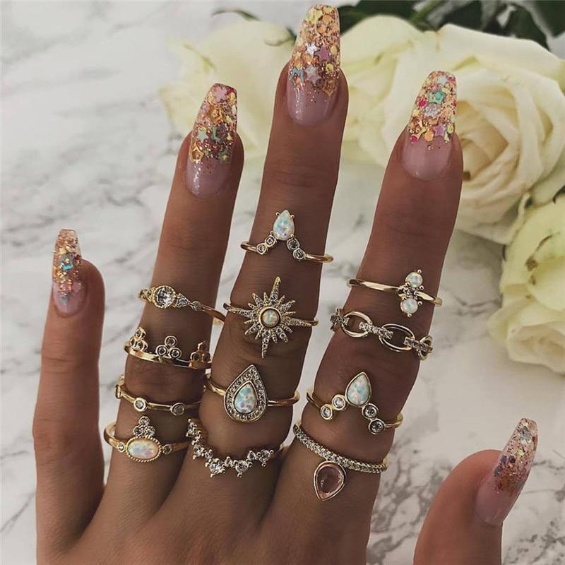 Gold-Tone Opal-Style & Crystal-Style Stackable Ring Set (8–12 Pieces)
