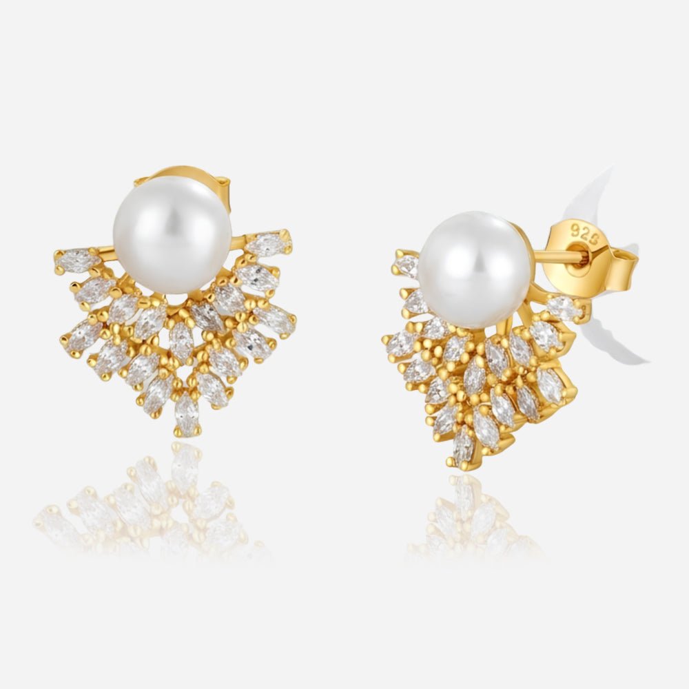 Pearl-Style Fan Crystal-Style Stud Earrings in Gold-Tone