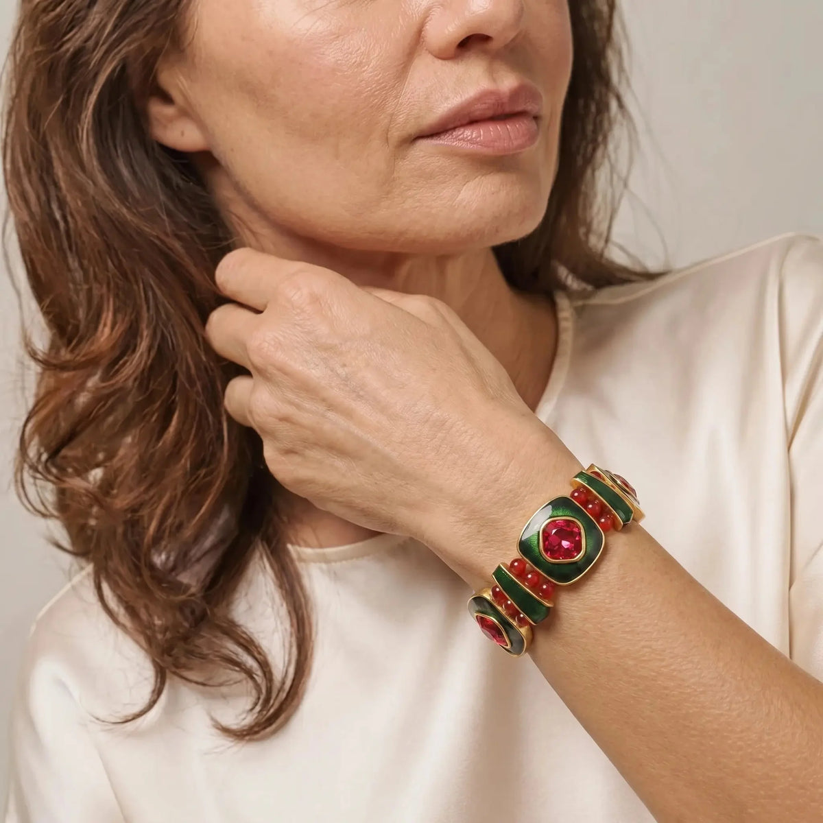 Gold-Tone Red and Green Enamel Crystal-Style Statement Bracelet