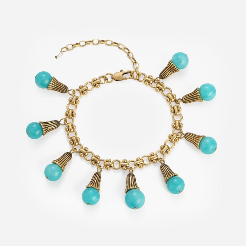 Turquoise-Style Beaded Drop Charm Bracelet in Gold-Tone