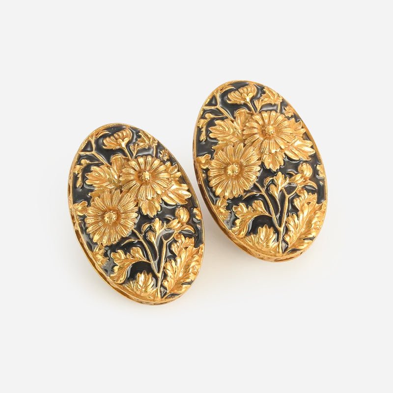 Vintage Floral Medallion Stud Earrings in Gold-Tone