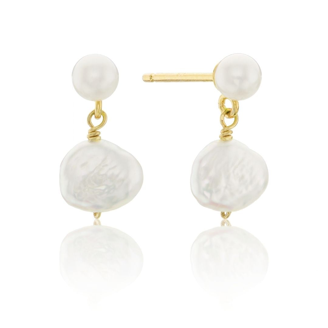 Gold-coloured double baroque-style pearl drop stud earrings