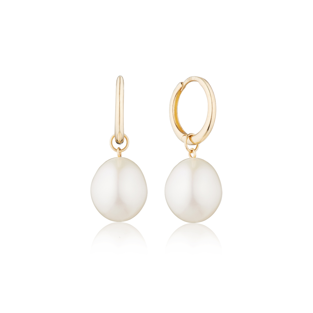 Gold-Tone Round Pearl-Style Drop Huggie Hoop Earrings