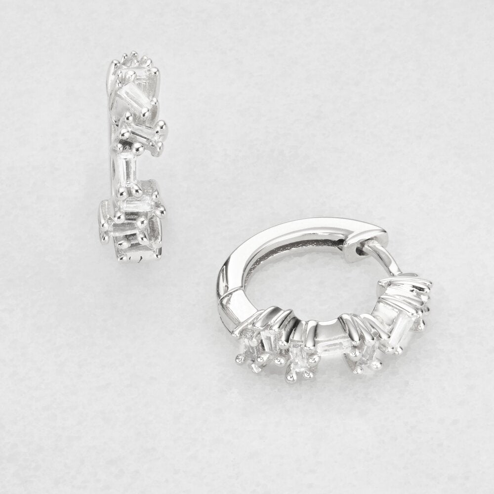 Silver-Tone Crystal-Style Jagged Huggie Hoop Earrings