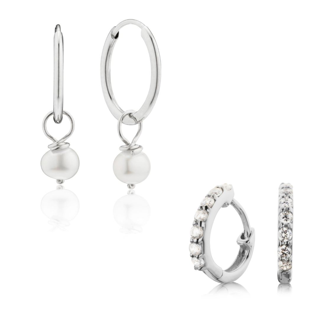 Silver-Tone Crystal-Style Huggie Earrings and Small Pearl-Style Drop Hoop Earrings Set