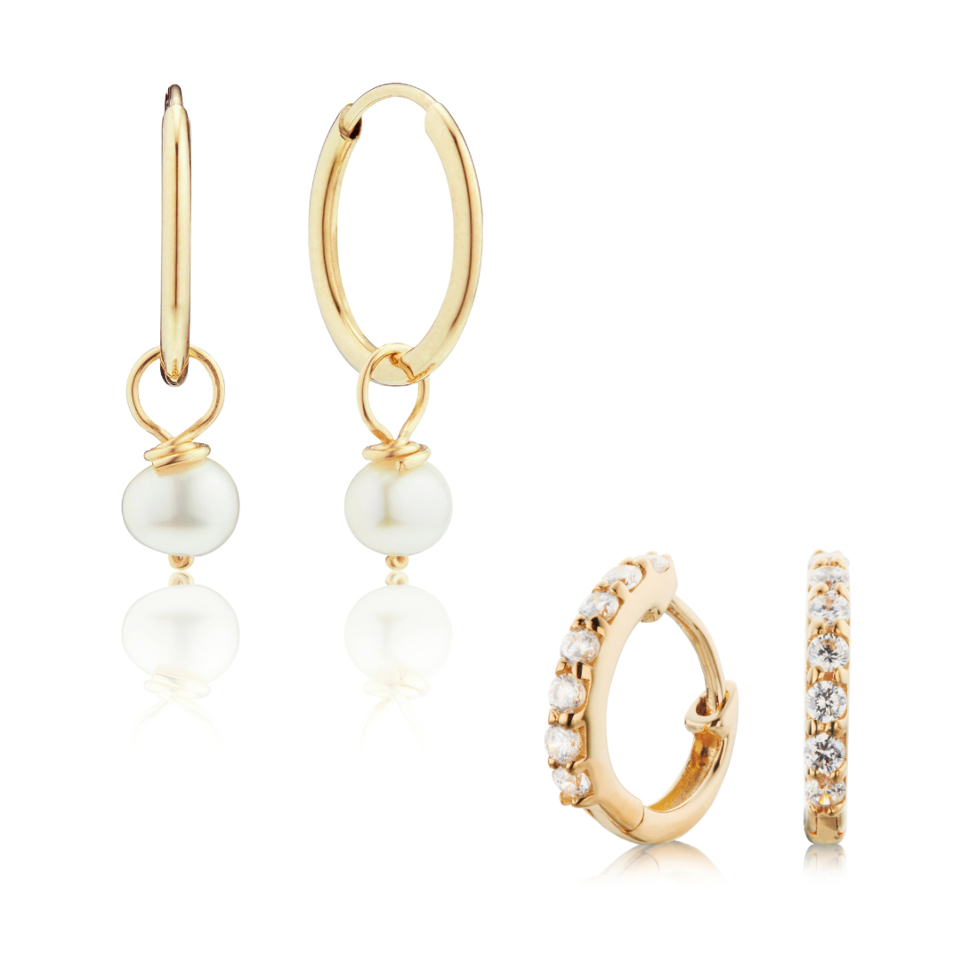 Gold-Tone Crystal-Style Huggie Earrings and Small Pearl-Style Drop Hoop Earrings Set