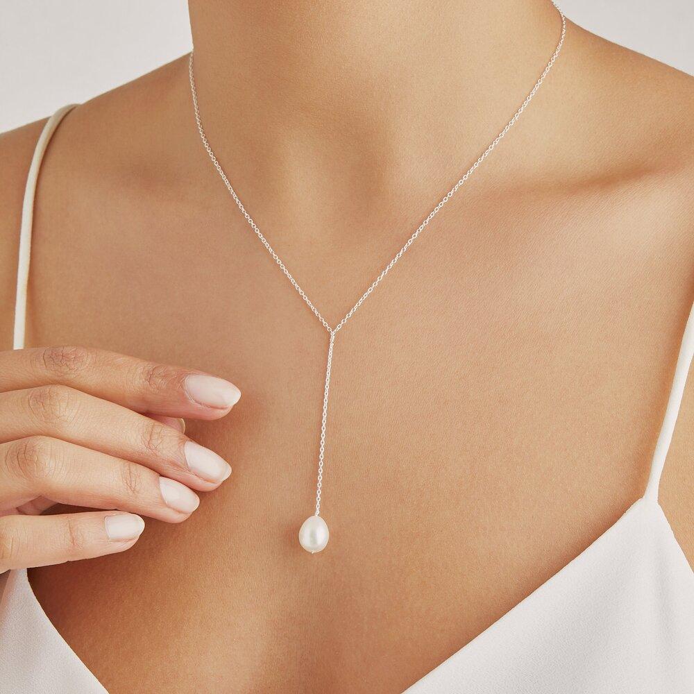 White Gold-Tone Large Pearl-Style Lariat Necklace