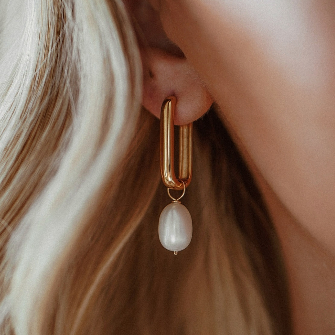 Gold-Tone Large Plain Pearl-Style Drop Hoop Earrings