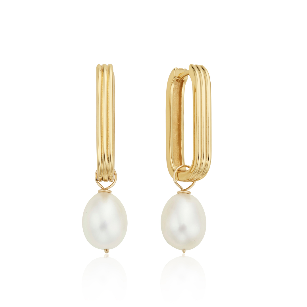 Gold-Tone Large Ribbed Pearl-Style Drop Hoop Earrings