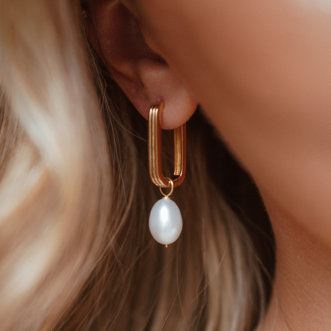 Gold-Tone Large Ribbed Pearl-Style Drop Hoop Earrings