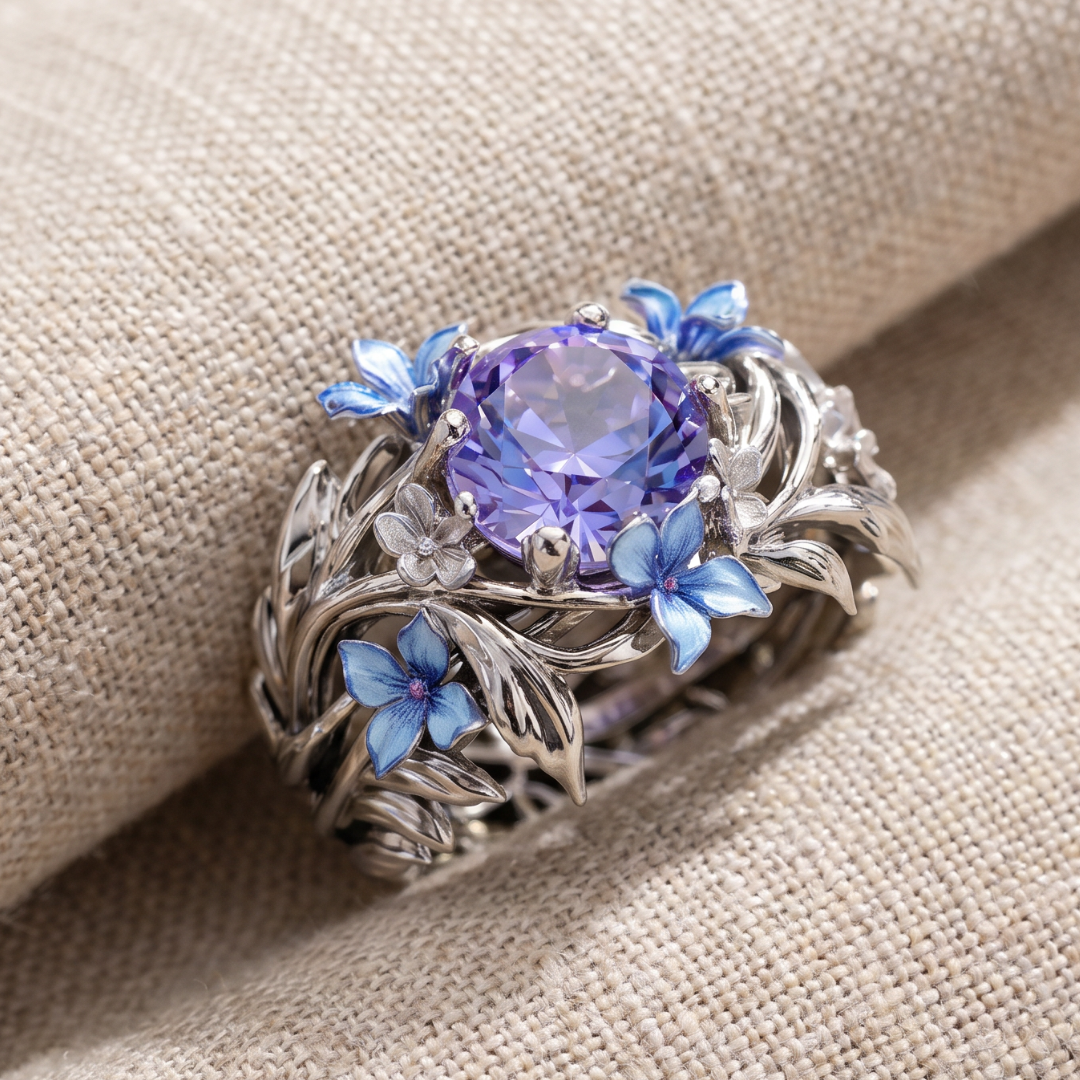 Lavender Bloom Crystal-Style Floral Statement Ring