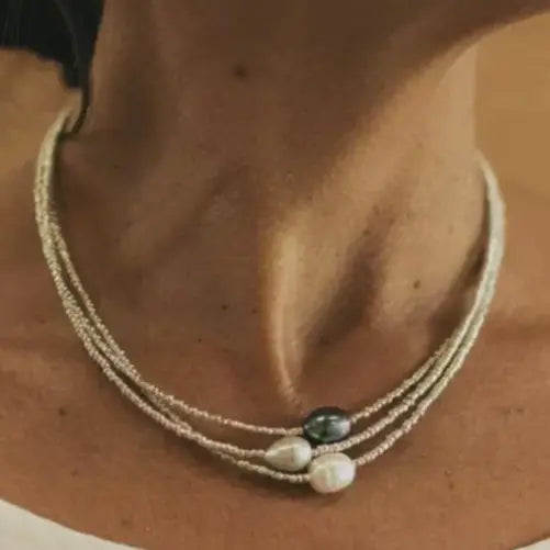 Layered Pearl-Style Beaded Choker Necklace Minimalist Vintage Look