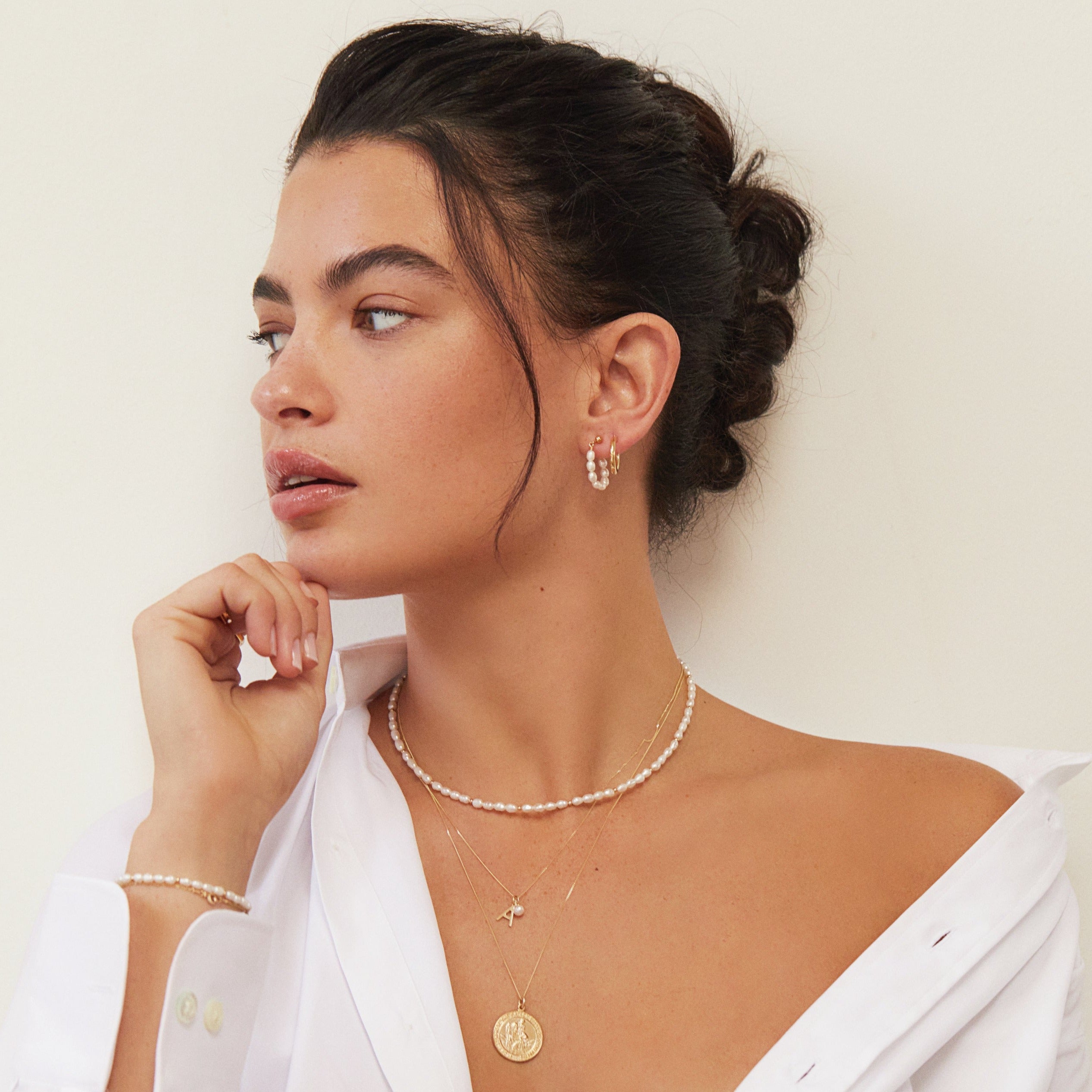 Silver-Tone Initial and Pearl-Style Drop Necklace