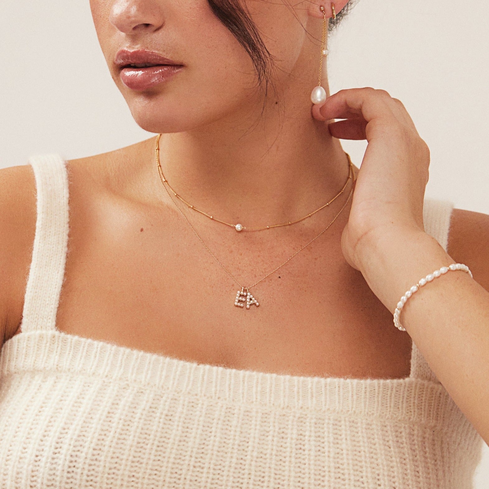 White Gold-Tone Pearl-Style Initial Letter Necklace
