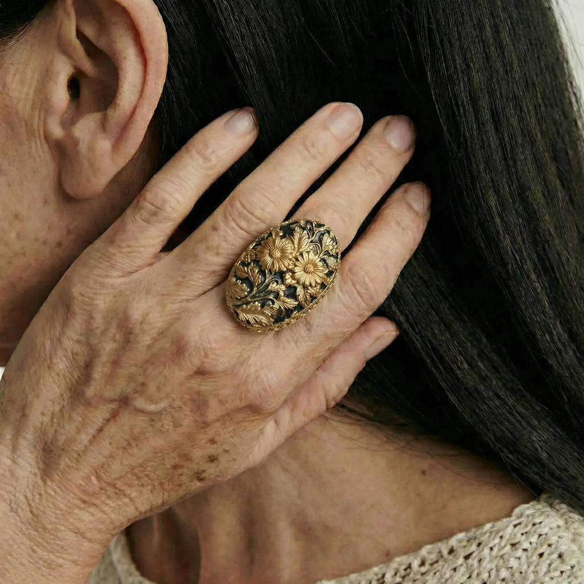 MidnightBloom Floral Vintage Statement Ring in Gold-Tone