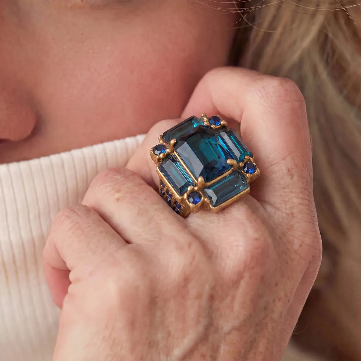 Midnight Prism Blue Crystal-Style Statement Ring in Gold-Tone