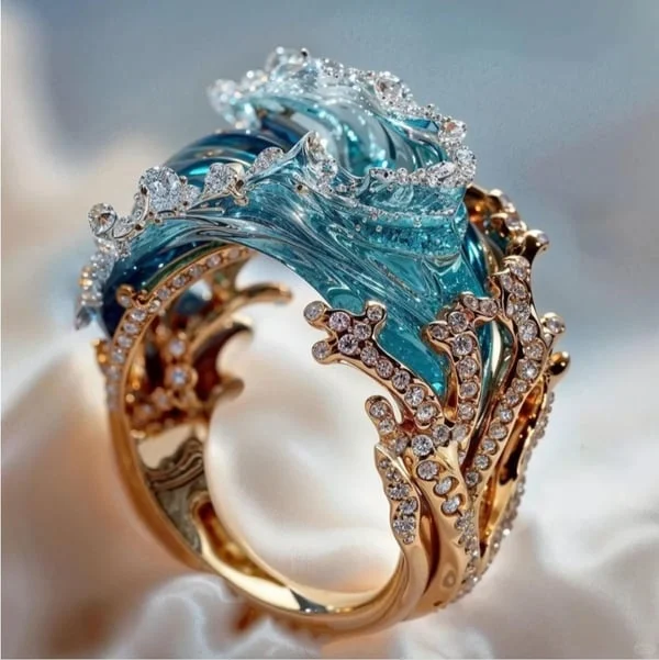 Ocean Wave Crystal-Style Statement Ring Elegant Coastal Inspired Jewelry