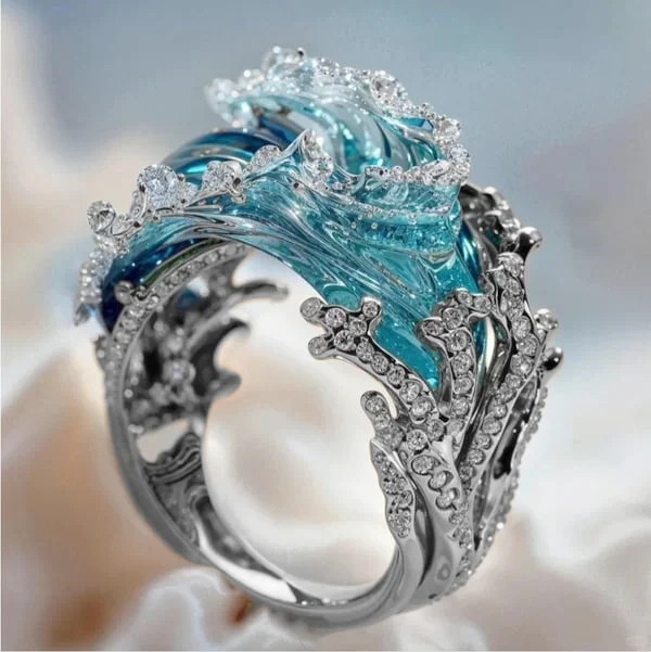 Ocean Wave Crystal-Style Statement Ring Elegant Coastal Inspired Jewelry