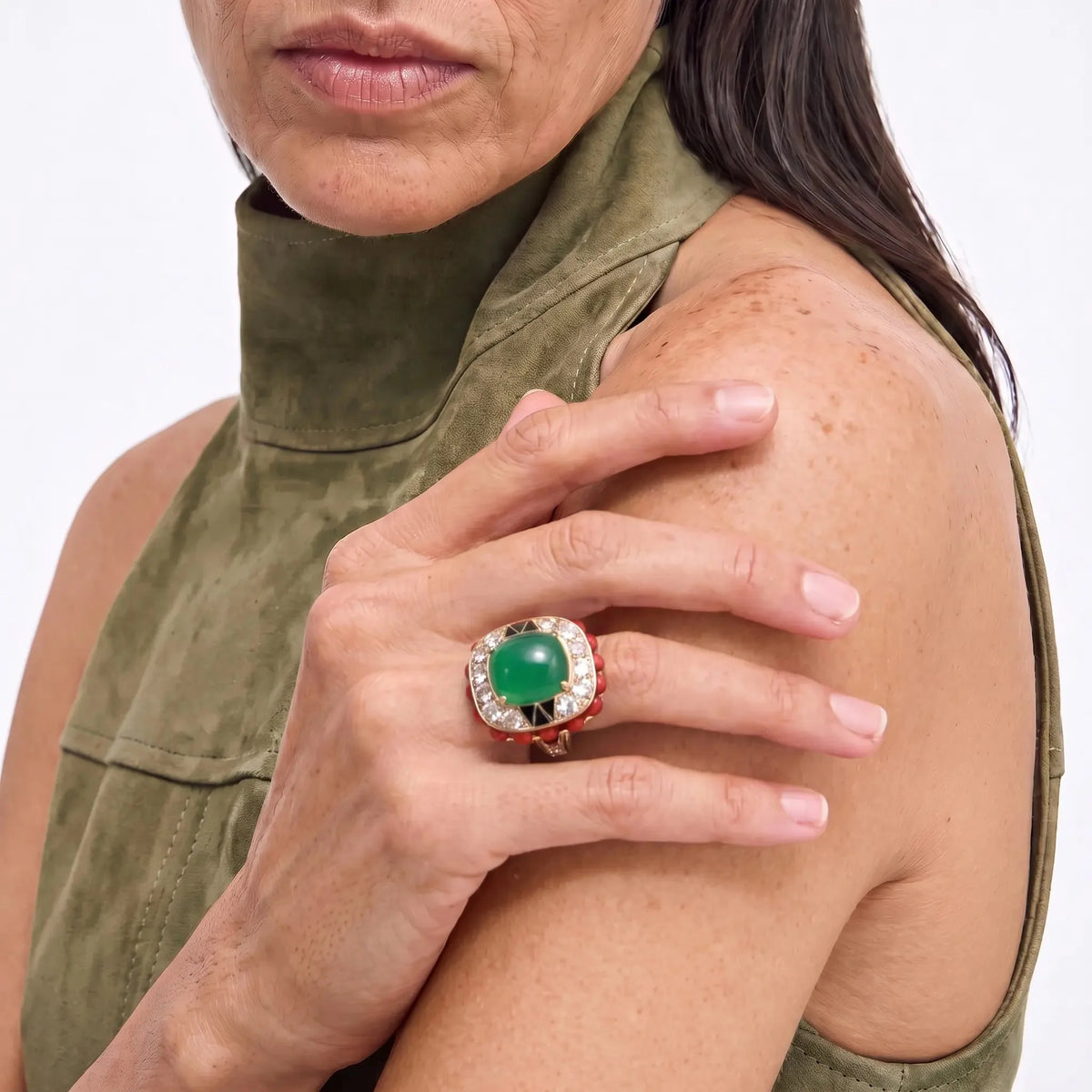 Scarlet Crown Gold-Tone Green Crystal-Style Statement Ring