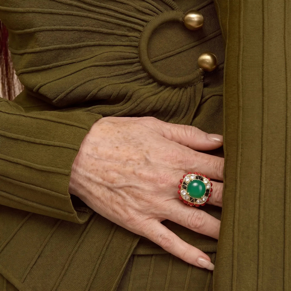 Scarlet Crown Gold-Tone Green Crystal-Style Statement Ring