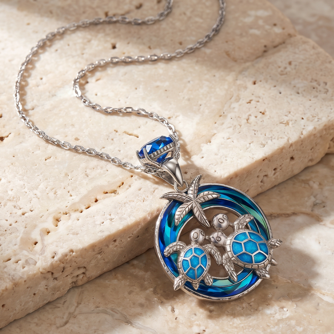 Sea Turtle & Palm Tree Ocean-Inspired Blue Opal-Style Pendant Necklace