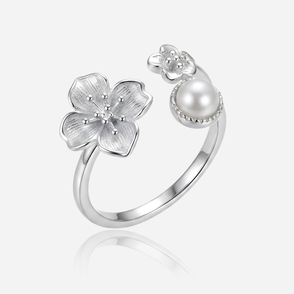 Pearl-Style Blossom Ring with Floral Accents in Silver-Tone