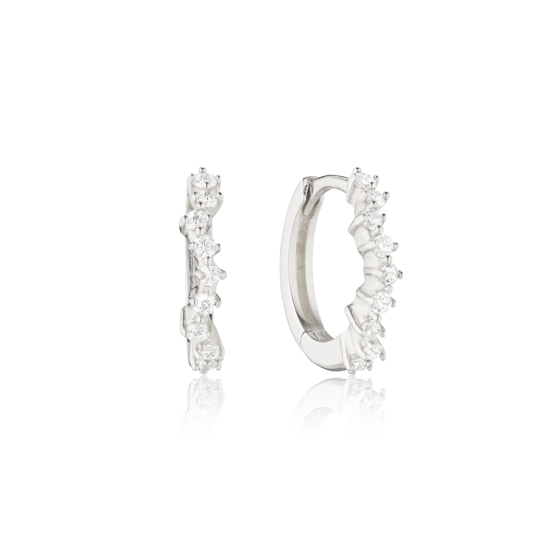 Silver-Tone Curved Crystal-Style Huggie Hoop Earrings
