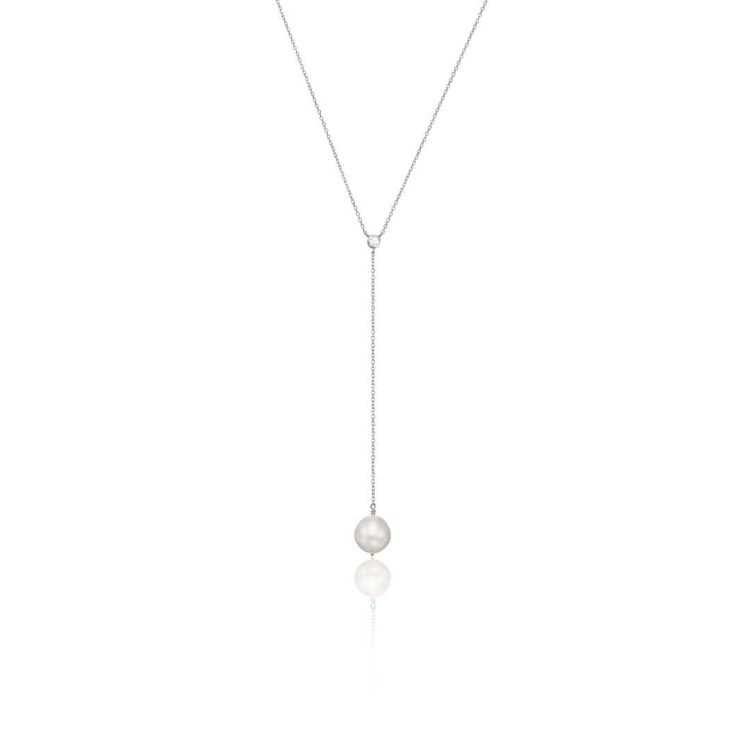 Silver-Tone Single Crystal-Style Pearl-Style Lariat Necklace