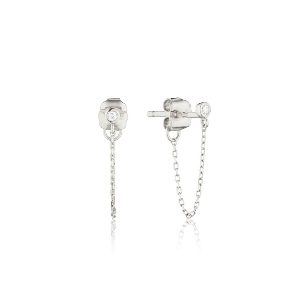 Silver-Tone Crystal-Style Chain Stud Earrings