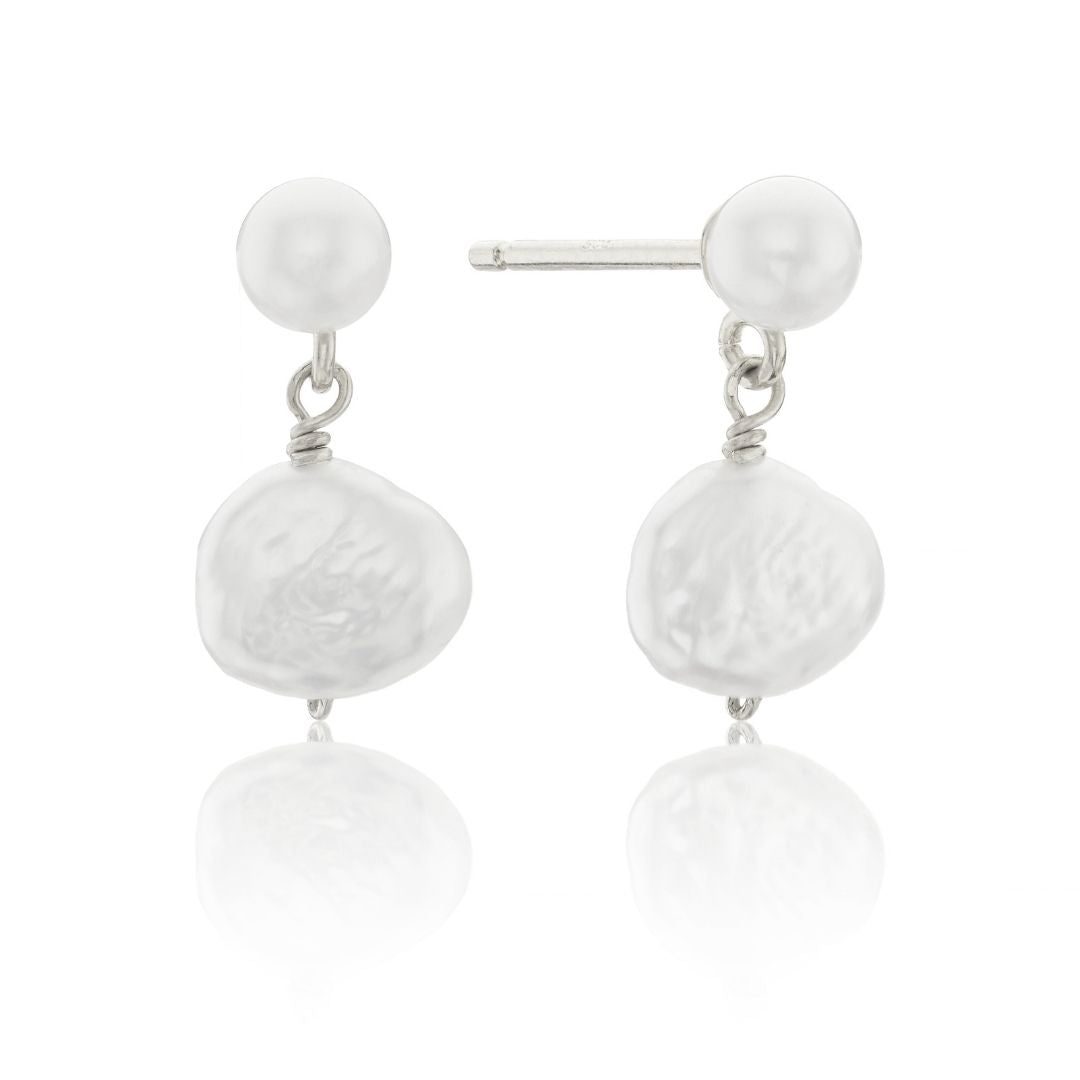 Silver-coloured double baroque-style pearl drop stud earrings