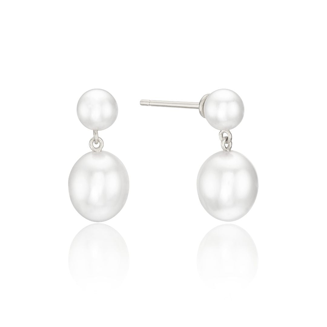 Silver-Tone Double Pearl-Style Drop Stud Earrings
