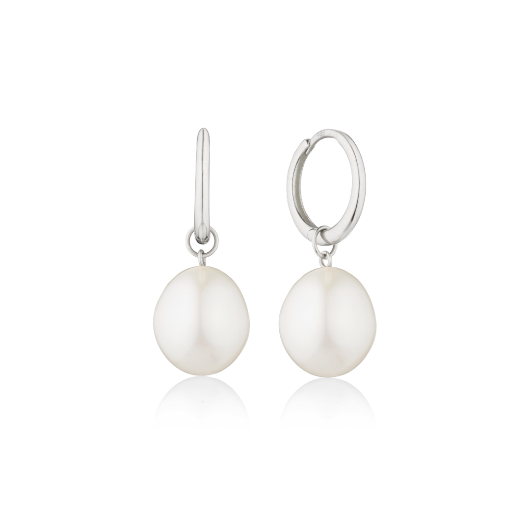 Silver-Tone Round Pearl-Style Drop Huggie Hoop Earrings