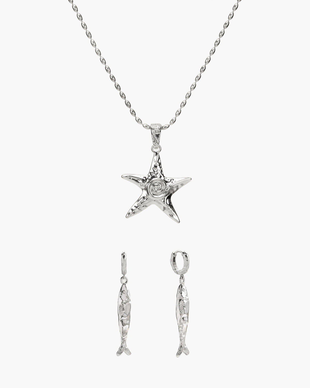 Starfish Necklace & Anchovy Earrings Set, Silver-Tone