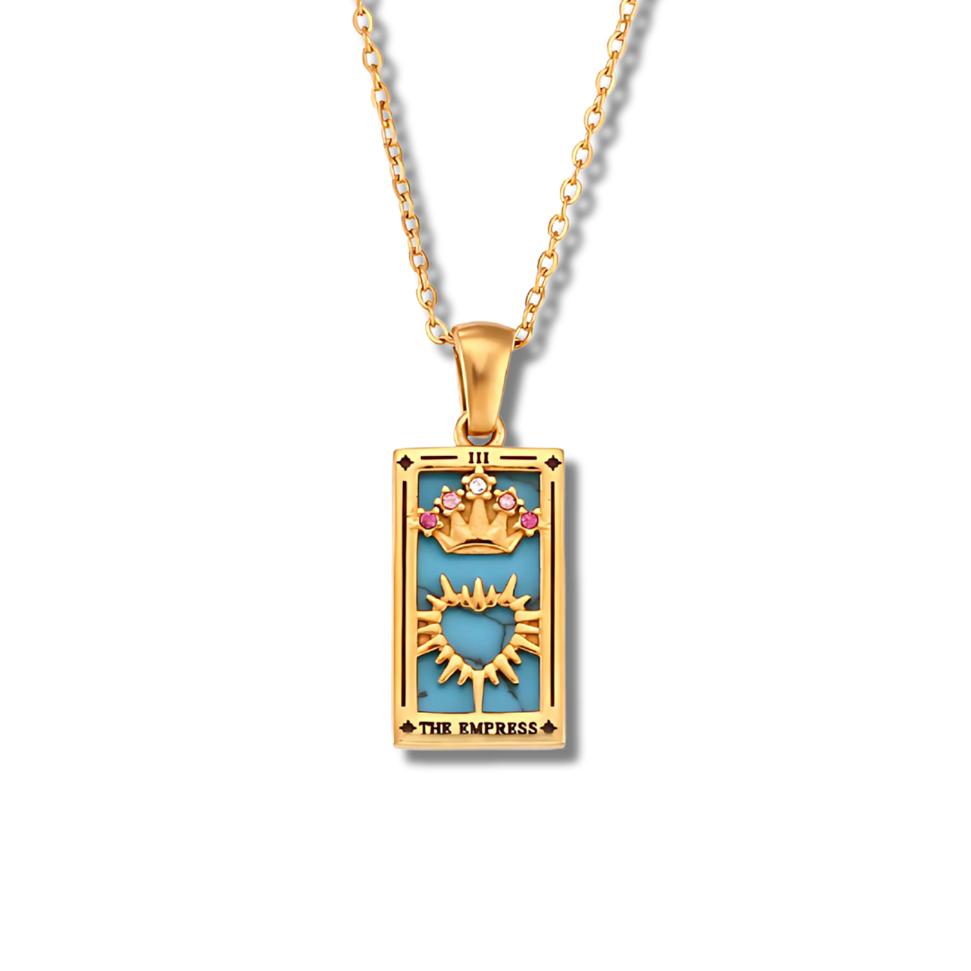 The Empress Tarot Card Necklace, Gold-Tone with Blue Enamel