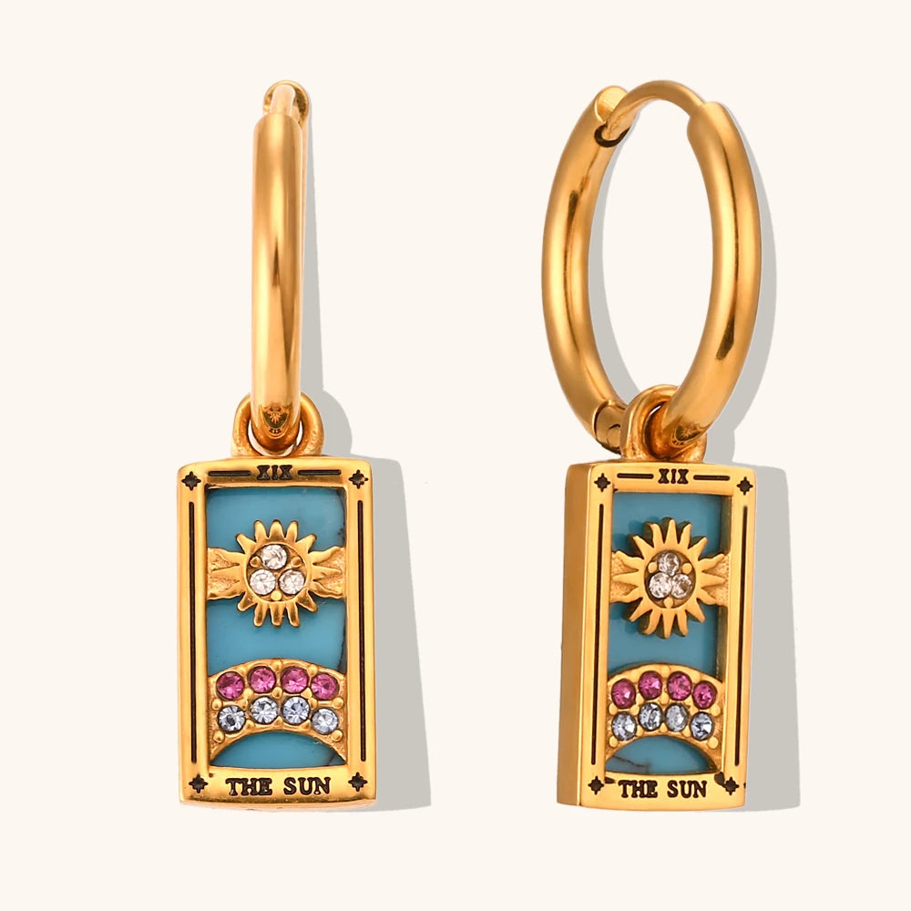 The Sun Tarot Card Hoop Earrings, Gold-Tone with Crystal-Style Accents
