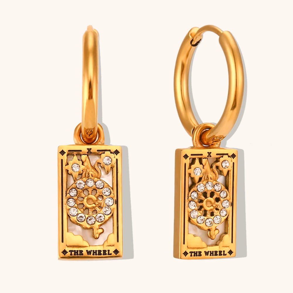 The Wheel Tarot Card Hoop Earrings in Gold-Tone