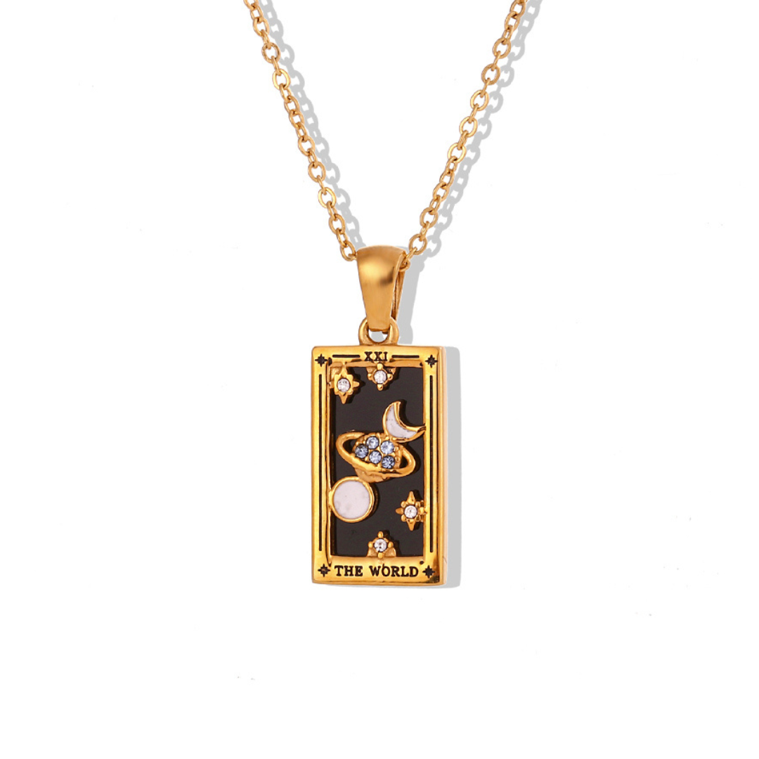 The World Tarot Card Necklace in Gold-Tone with Black Enamel